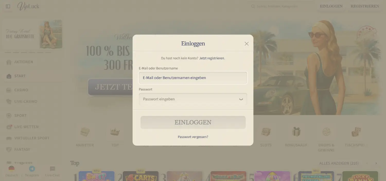 vipluck-einloggen-page